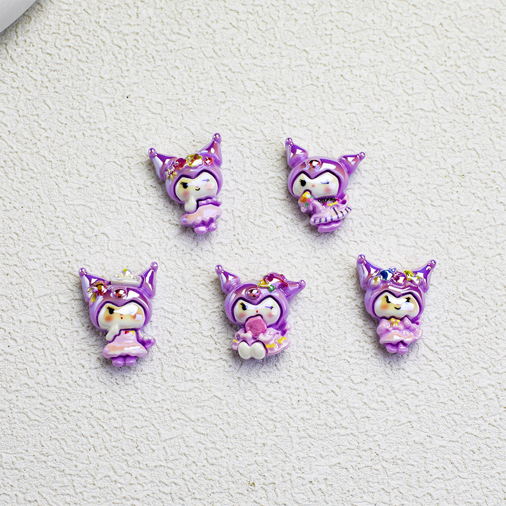 Glossy Purple Kuromi Resin Beads 10pcs Vibrant Floral Details