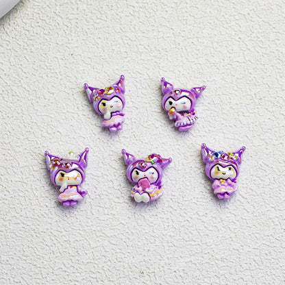 Glossy Purple Kuromi Resin Beads 10pcs Vibrant Floral Details