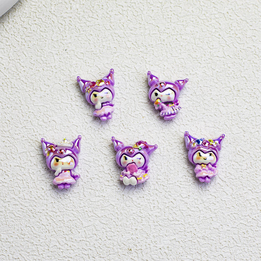 Glossy Purple Kuromi Resin Beads 10pcs Vibrant Floral Details