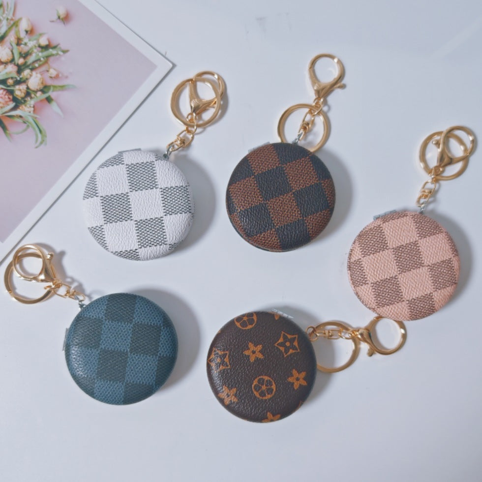 Plaid Pattern PU Leather Round Mirror Keychain Gold Clasp 2pcs 2