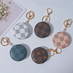 Plaid Pattern PU Leather Round Mirror Keychain Gold Clasp 2pcs 2