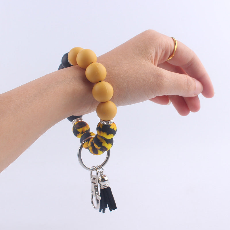 Tassel Leopard Print Silicone Bead Wristlet Keychain Soft Matte 3
