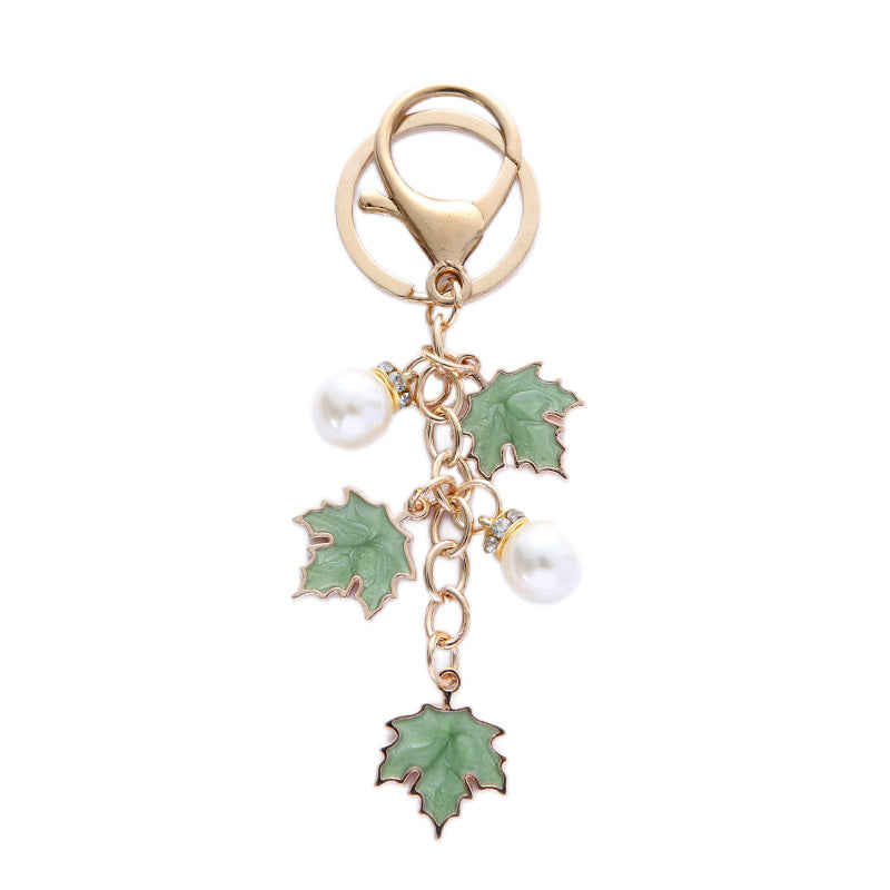 Alloy Maple Leaf Keychain with Faux Pearl Gold Tone 5