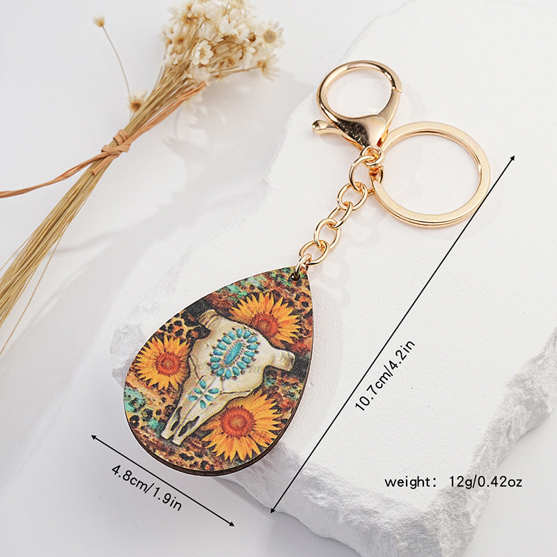 Sunflower Western Keychain Metal Cattle Skull Leopard Print Turquoise 5