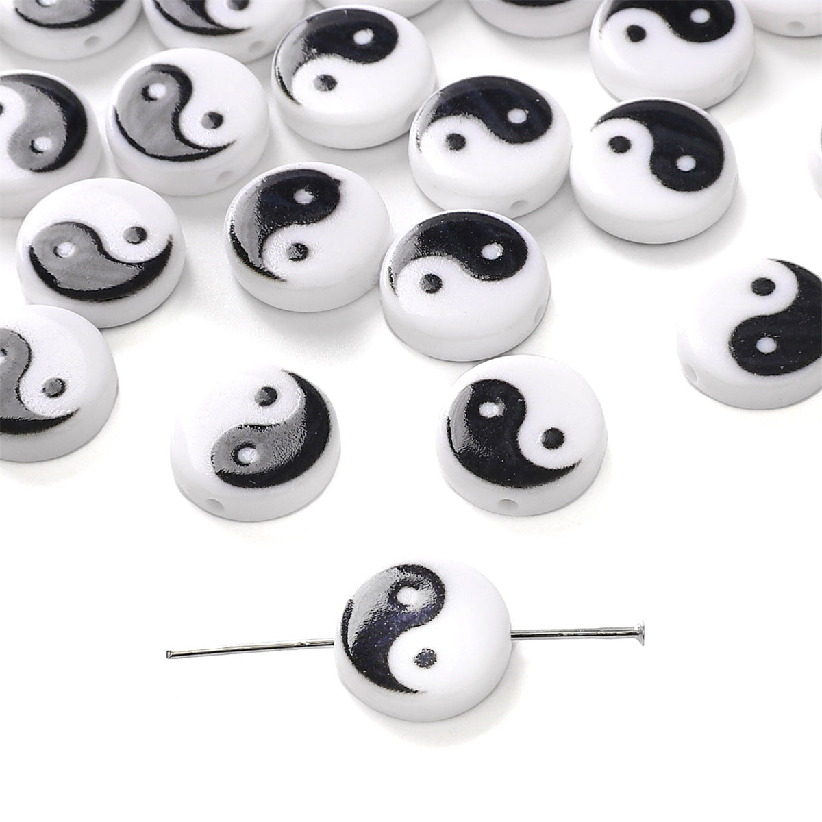 Tai Chi Flat Acrylic Beads 7-13mm Black White Color Printing 5pcs 9