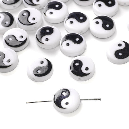 Tai Chi Flat Acrylic Beads 7-13mm Black White Color Printing 5pcs 9