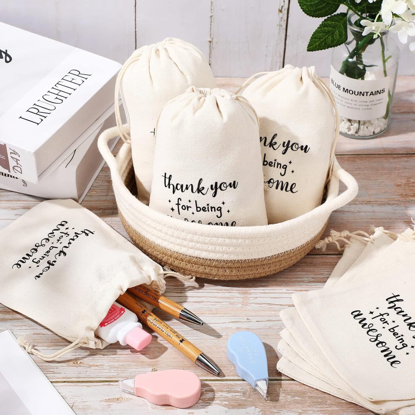 Cotton Drawstring Cloth Bag Thank You Printed Natural Tone 1pc 10x14-20x30cm