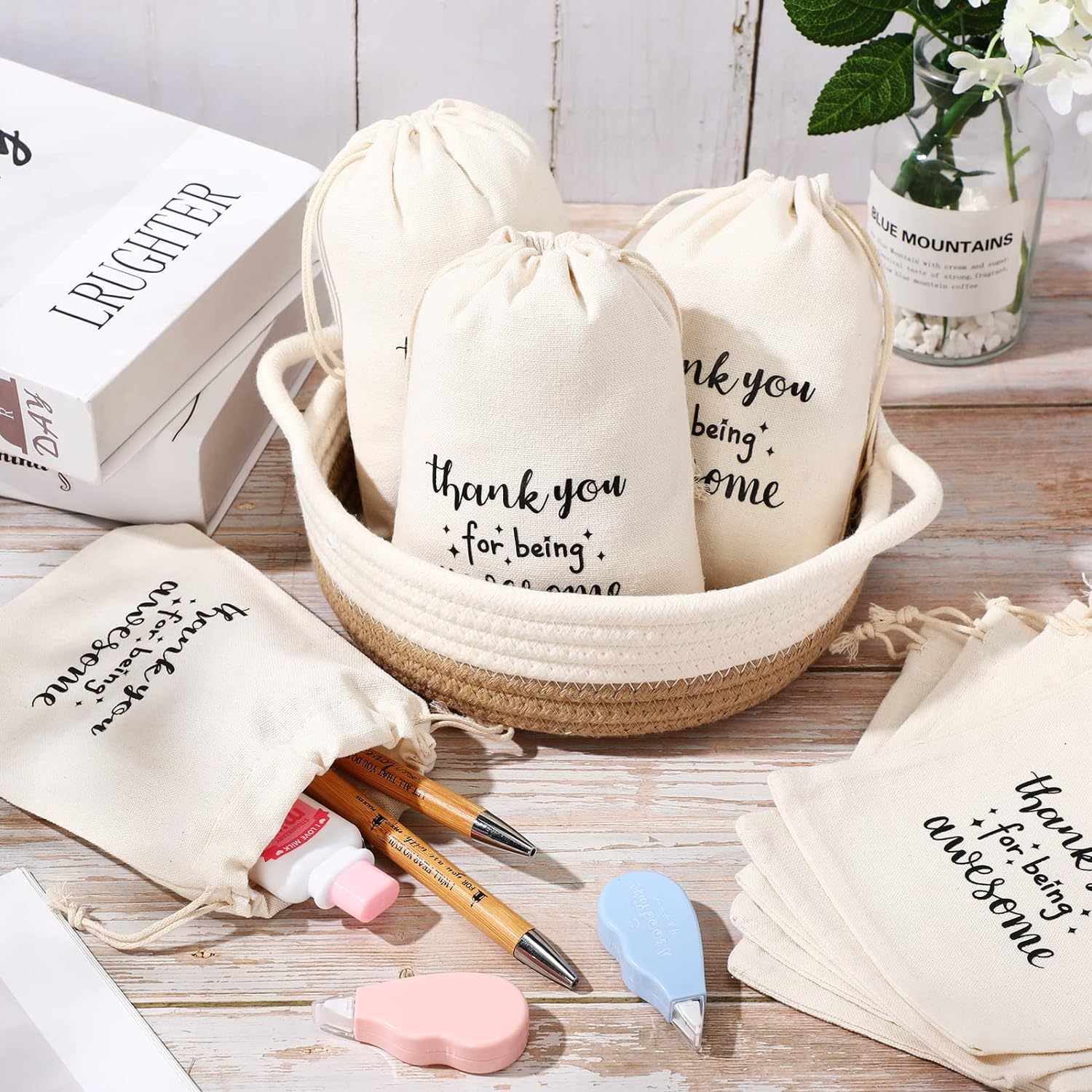 Cotton Drawstring Cloth Bag Thank You Printed Natural Tone 1pc 10x14-20x30cm