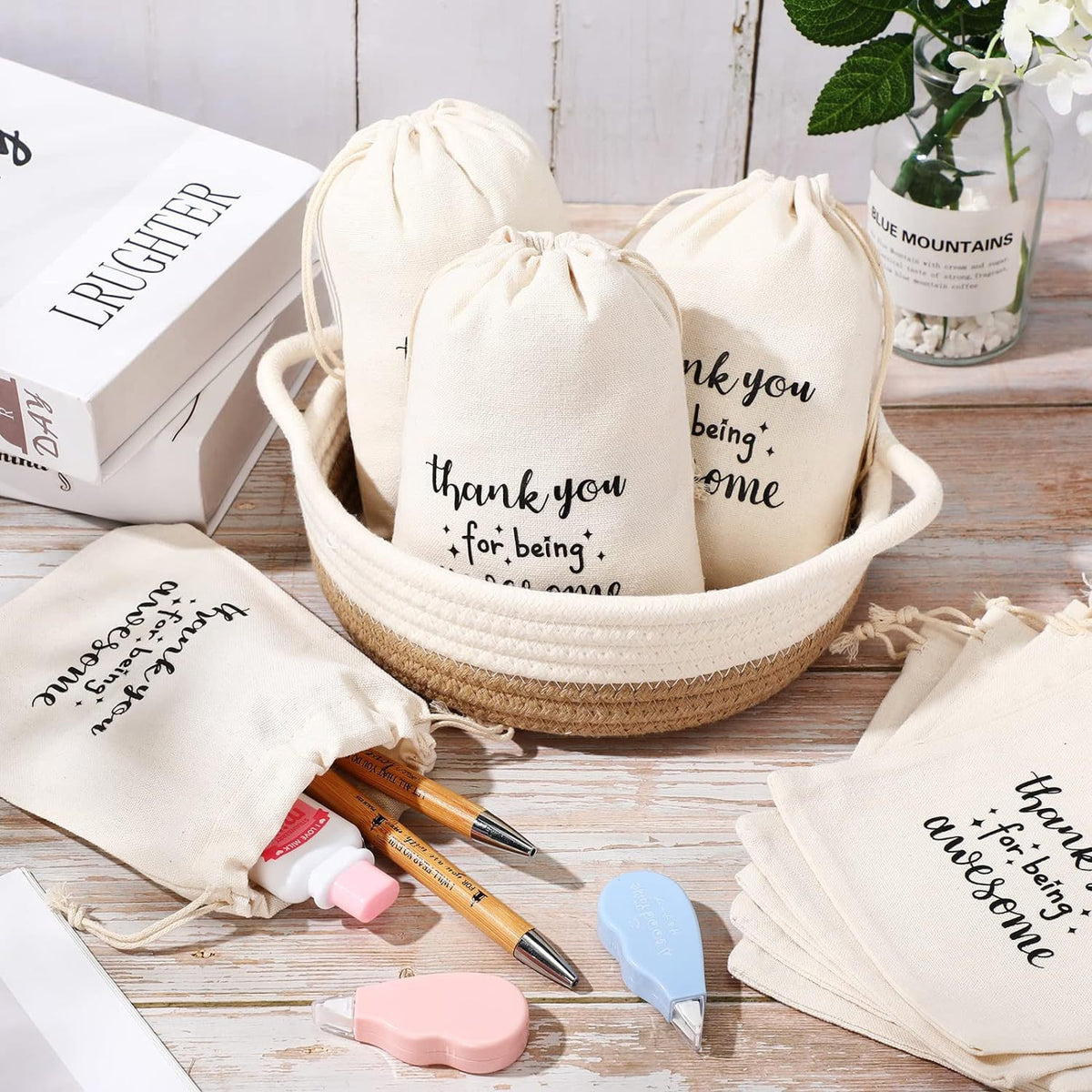 Cotton Drawstring Cloth Bag Thank You Printed Natural Tone 1pc 10x14-20x30cm