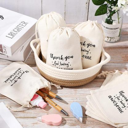 Cotton Drawstring Cloth Bag Thank You Printed Natural Tone 1pc 10x14-20x30cm