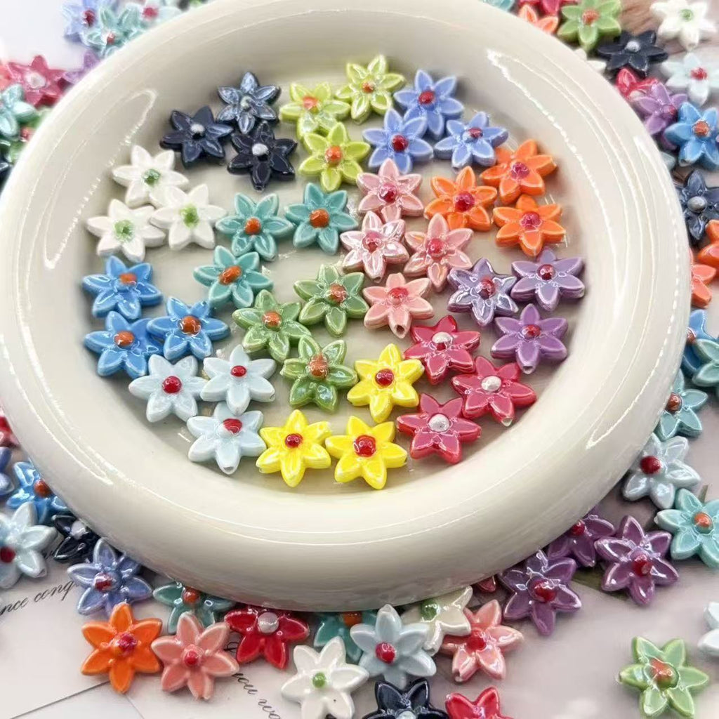 Six Petal Flower Ceramic Beads 16mm Glossy Colorful 10pcs 2