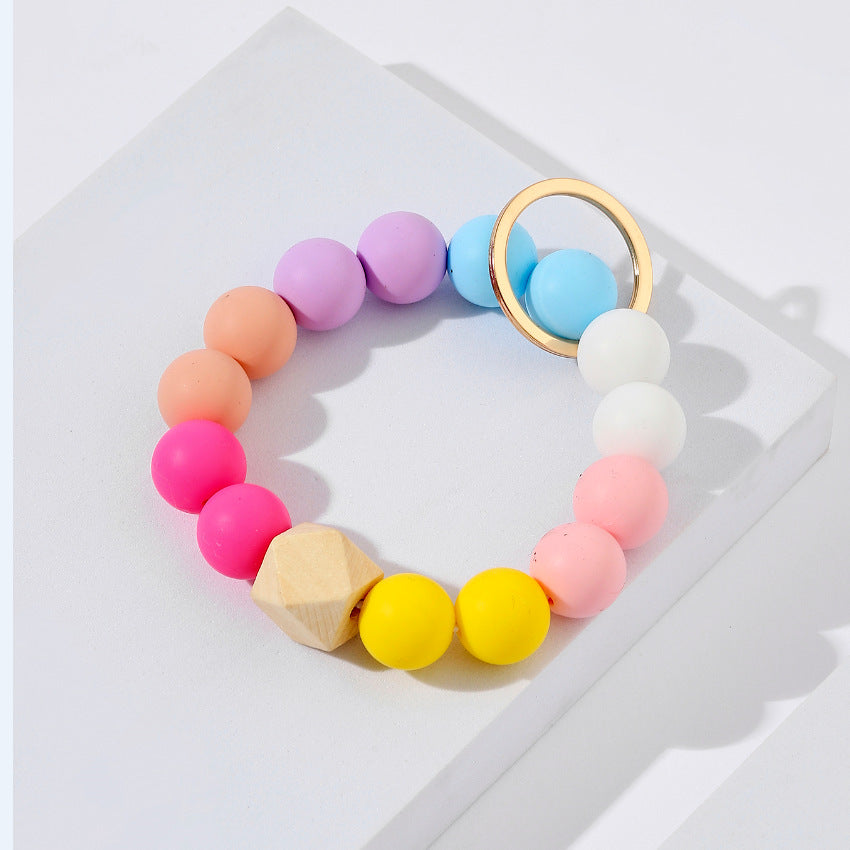 Silicone Beads Bracelet Wristlet Keychain with Wood Geometric Accent 4