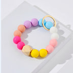 Silicone Beads Bracelet Wristlet Keychain with Wood Geometric Accent 4
