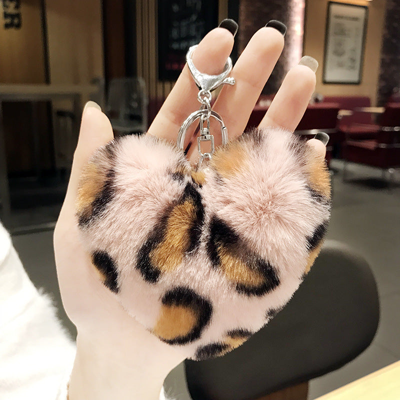 Plush Leopard Pom Pom Heart Keychain Soft Faux Fur 13cm 2pcs 12