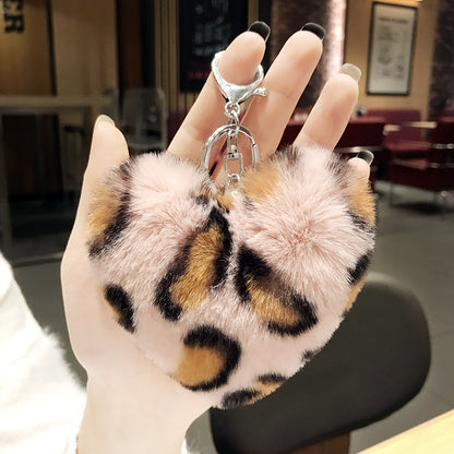Plush Leopard Pom Pom Heart Keychain Soft Faux Fur 13cm 2pcs 12