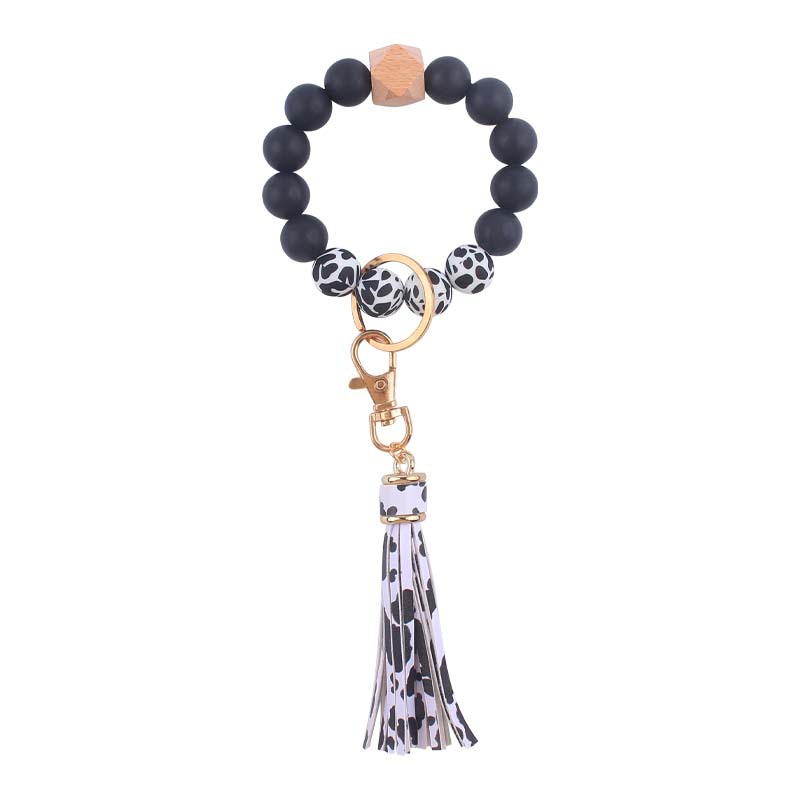 Silicone Beaded Wristlet Keychain with PU Tassel and Wood Accent 6