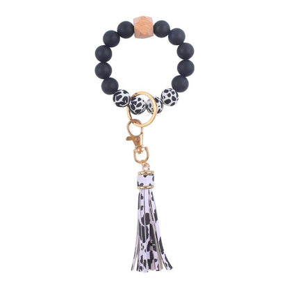 Silicone Beaded Wristlet Keychain with PU Tassel and Wood Accent 6