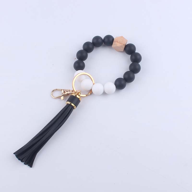 Octagonal Silicone Bead Wristlet Keychain Matte Beech Wood Tassel
