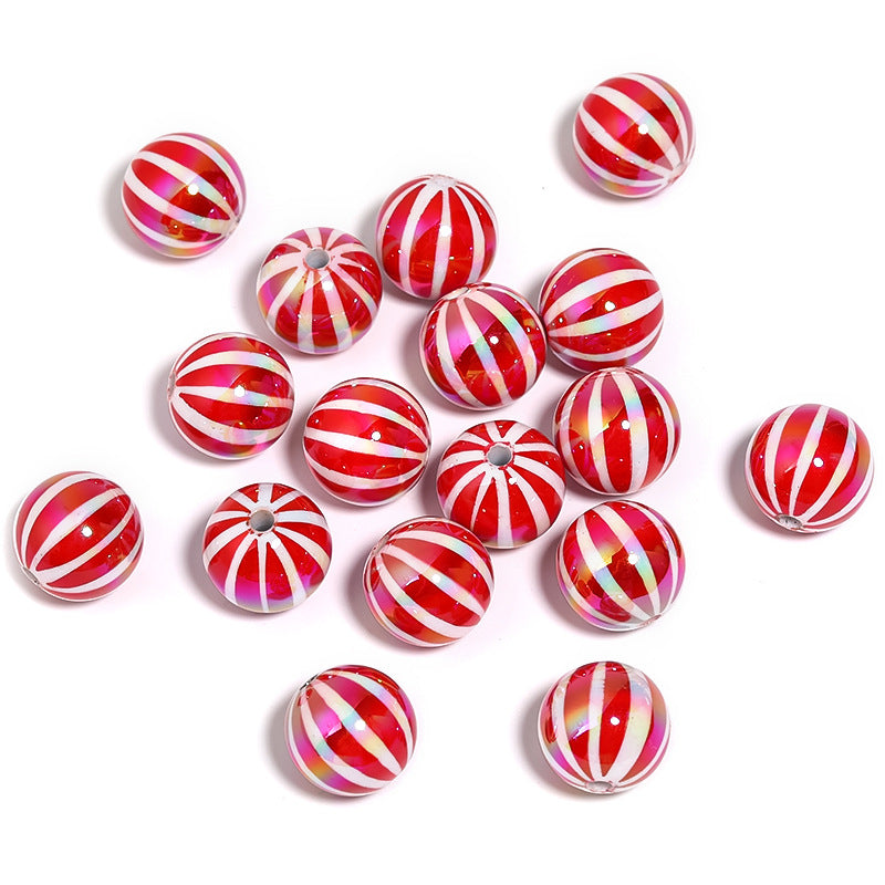 UV Plating Acrylic Beads 16mm Christmas Red and White Striped 50pcs 6