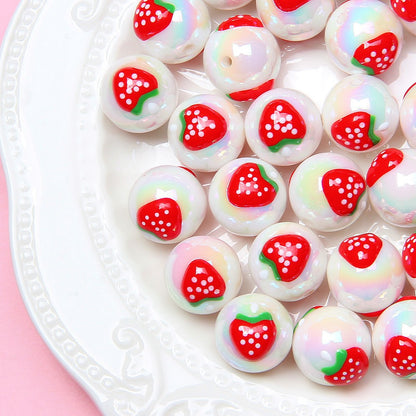 Hand Painted Cat Claw Strawberry Series Acrylic Beads 16mm 10pcs 15