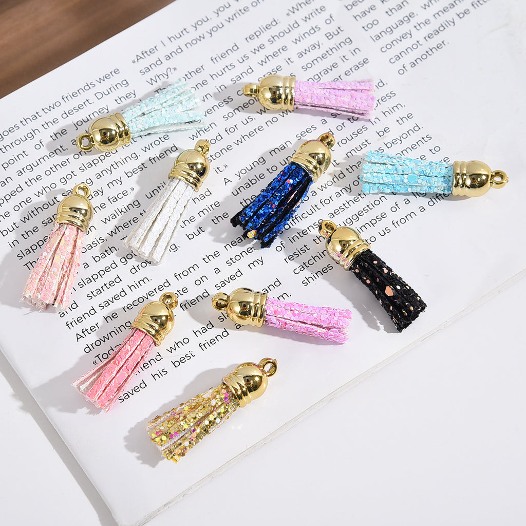 Glitter Mini PU Leather Tassels with Gold Caps 36mm 50pcs 2