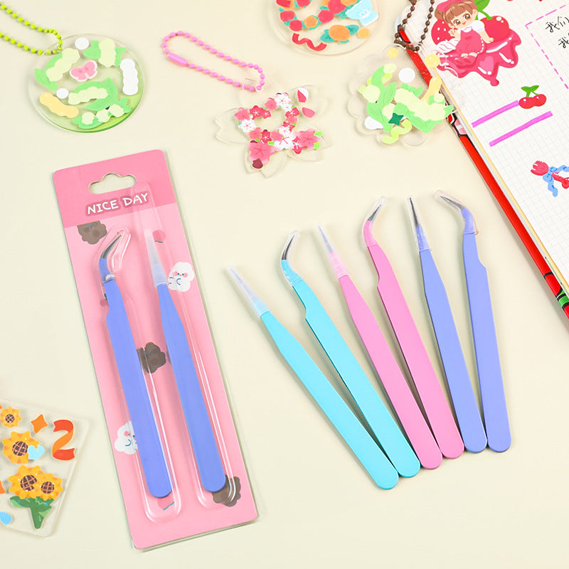 Jewelry Tweezers Stainless Steel Spray Painted Pastel Colors 11cm 2pcs