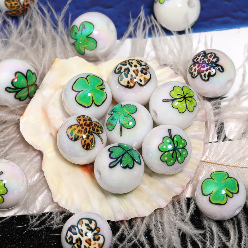 St. Patrick's Day Shamrock Acrylic Beads 16mm UV Plating Polka Dotted Leopard 50pcs 4
