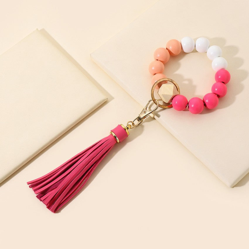 Wooden Beads Tassel Wristlet Keychain Natural Texture Pastel Colors 3