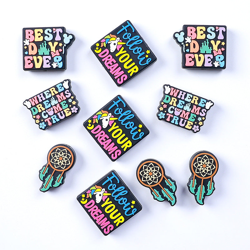 Silicone Focal Beads Dream Catcher Colorful Quotes Navy Background 20pcs 3