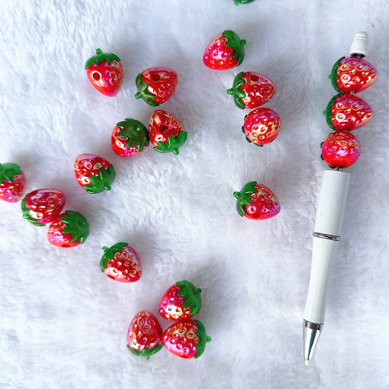 Plating 3D Strawberry Acrylic Beads 23mm Glossy Red Green 10pcs 3