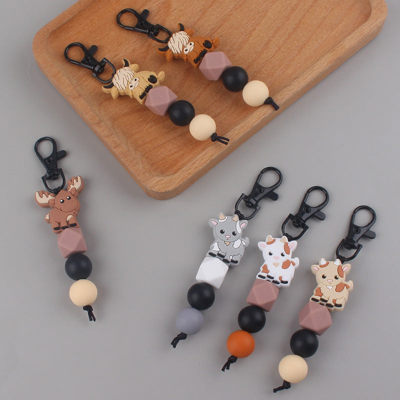 Cartoon Animal Silicone Bead Keychain Elk Yak Goat Design 2