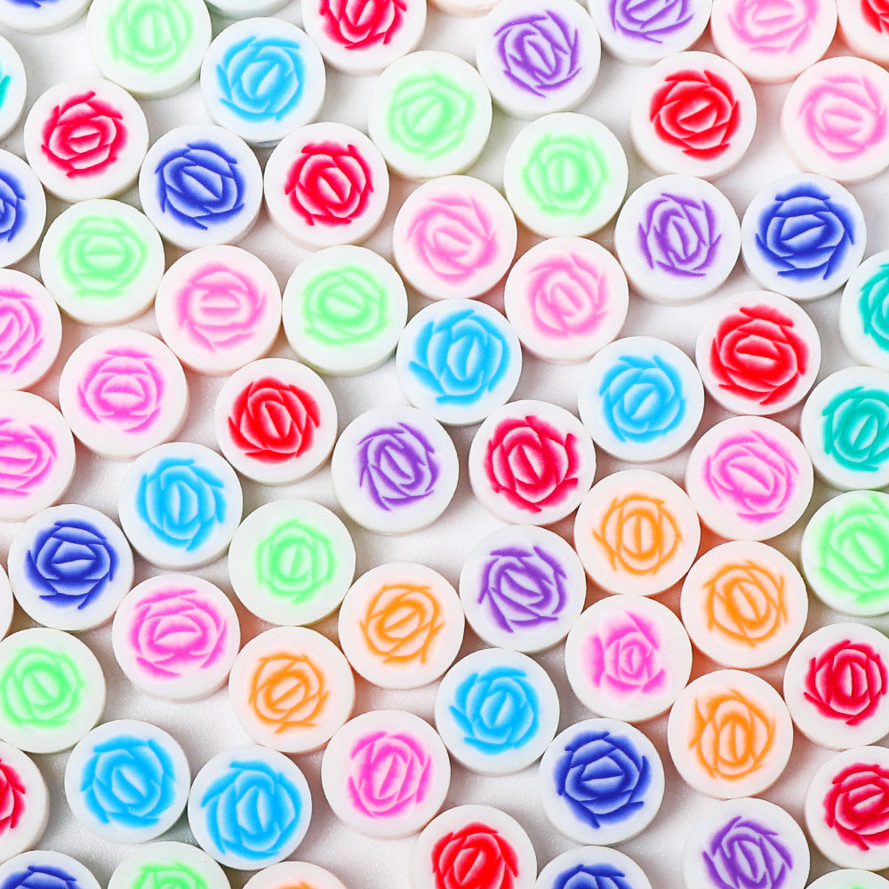 Flat Flower Clay Beads 10mm Colorful Rose Pattern Polymer 100pcs 7