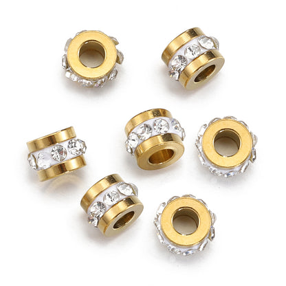 Stainless Steel Tube Metal Beads 7mm Rhinestone Embeded 10pcs 7