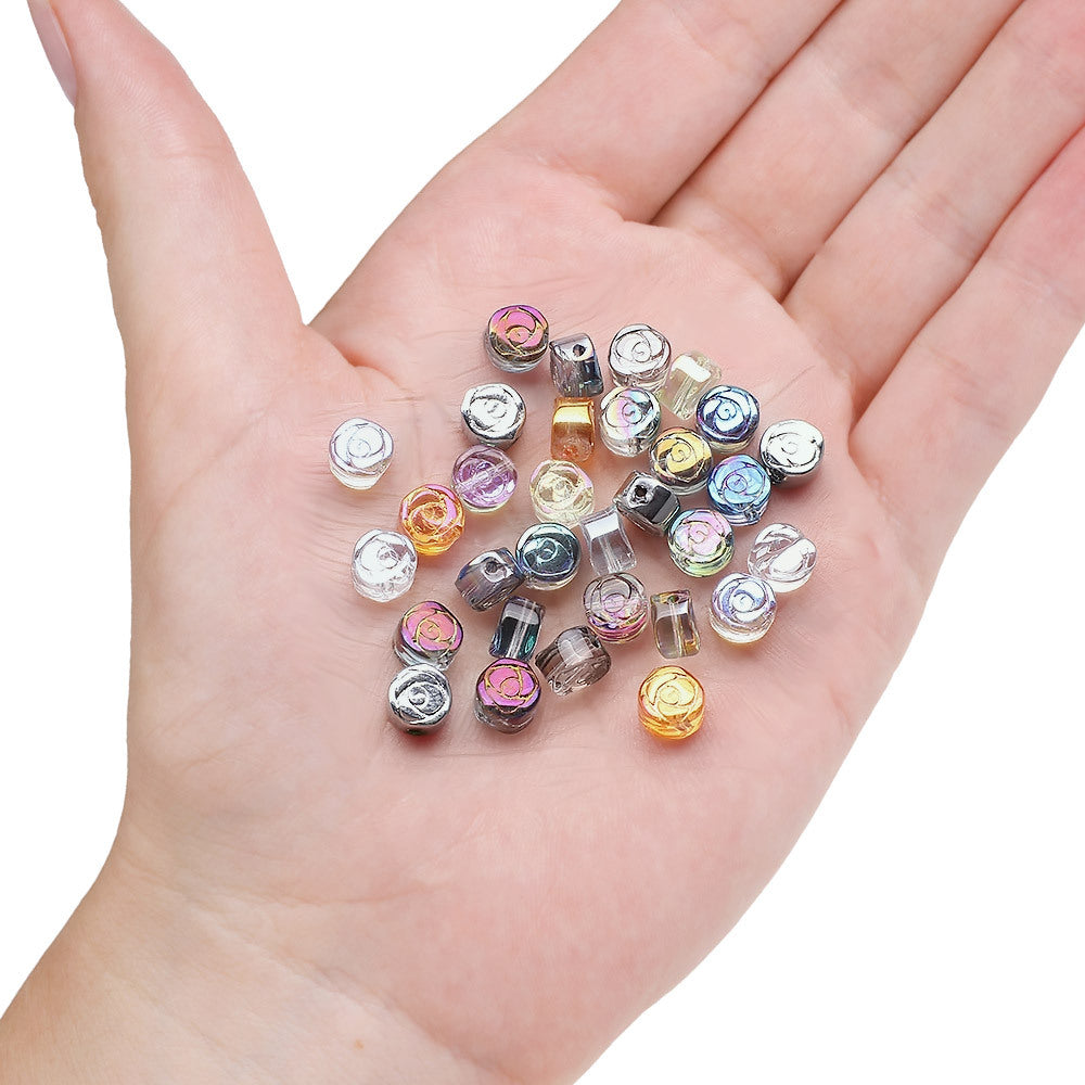 Flat Rose Glass Beads 6mm Iridescent Plating Floral Cube 50pcs 5