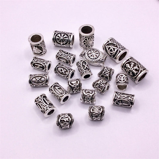 Tube Metal Beads Viking Note Patterned Silver Tone 100pcs