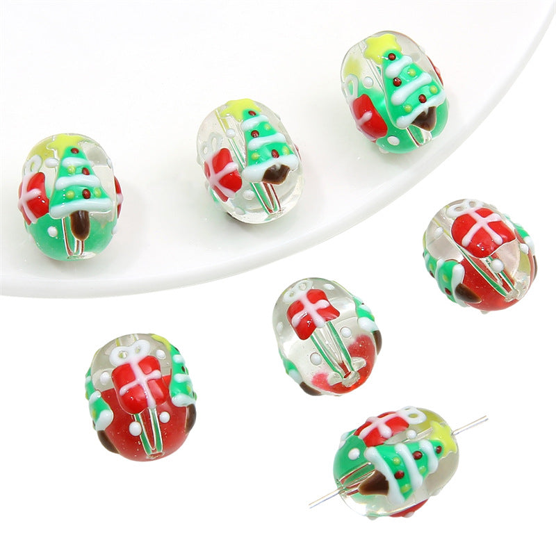 Lampwork Glass Beads Hand Painted Christmas Theme Enamel 2pcs 14
