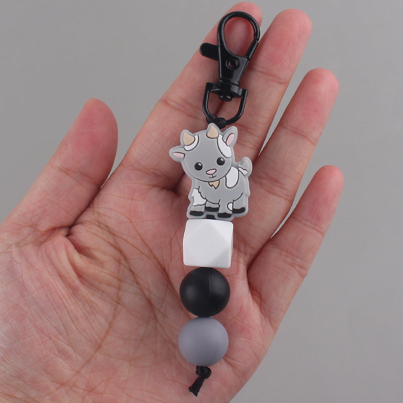 Cartoon Animal Silicone Bead Keychain Elk Yak Goat Design 4