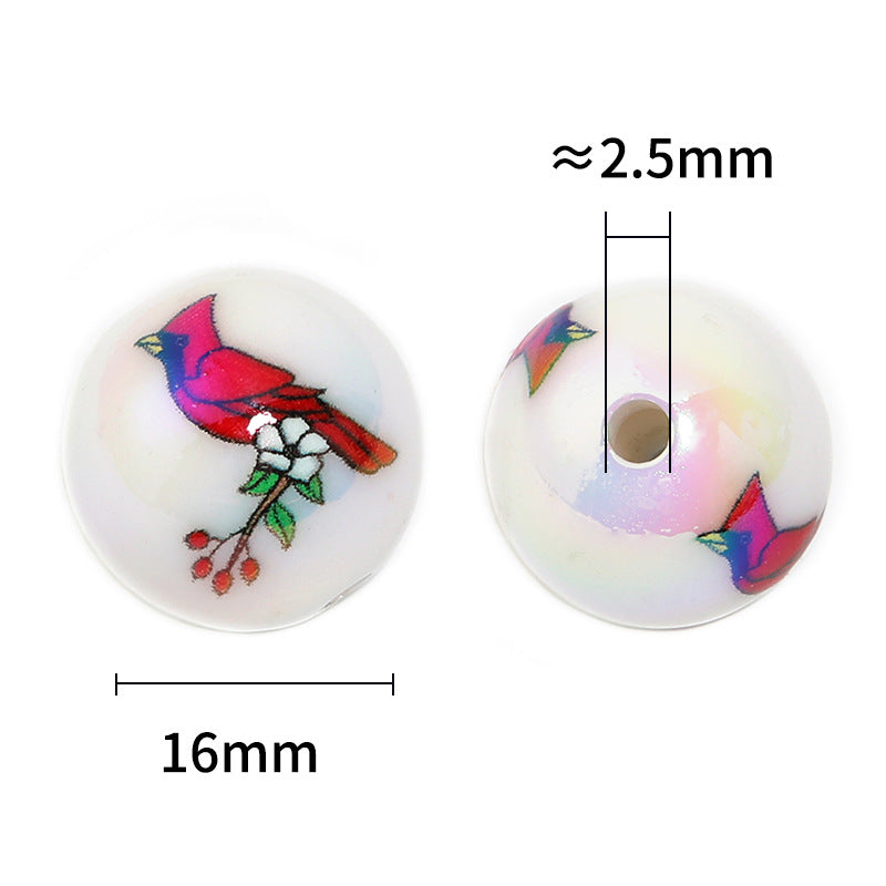 UV Plating Woodpecker Printed Acrylic Beads 16mm Round 50pcs 3