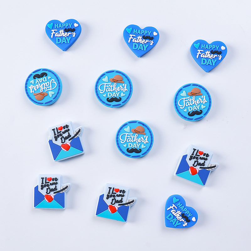 Silicone Focal Beads Fathers Day Blue Hearts and Letter Design 20pcs 3