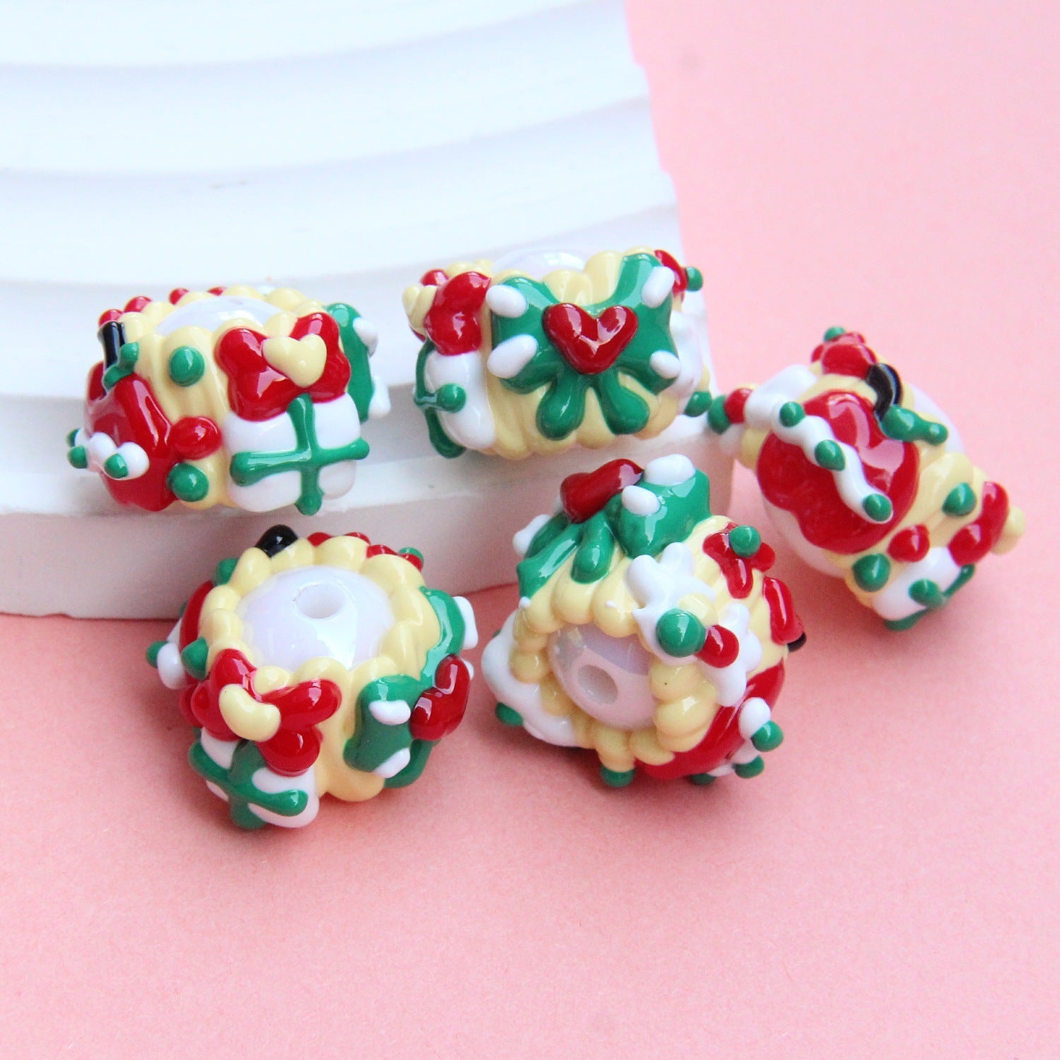 Hand Painted Acrylic Beads 3D Christmas Bells and Cabin 5pcs 4