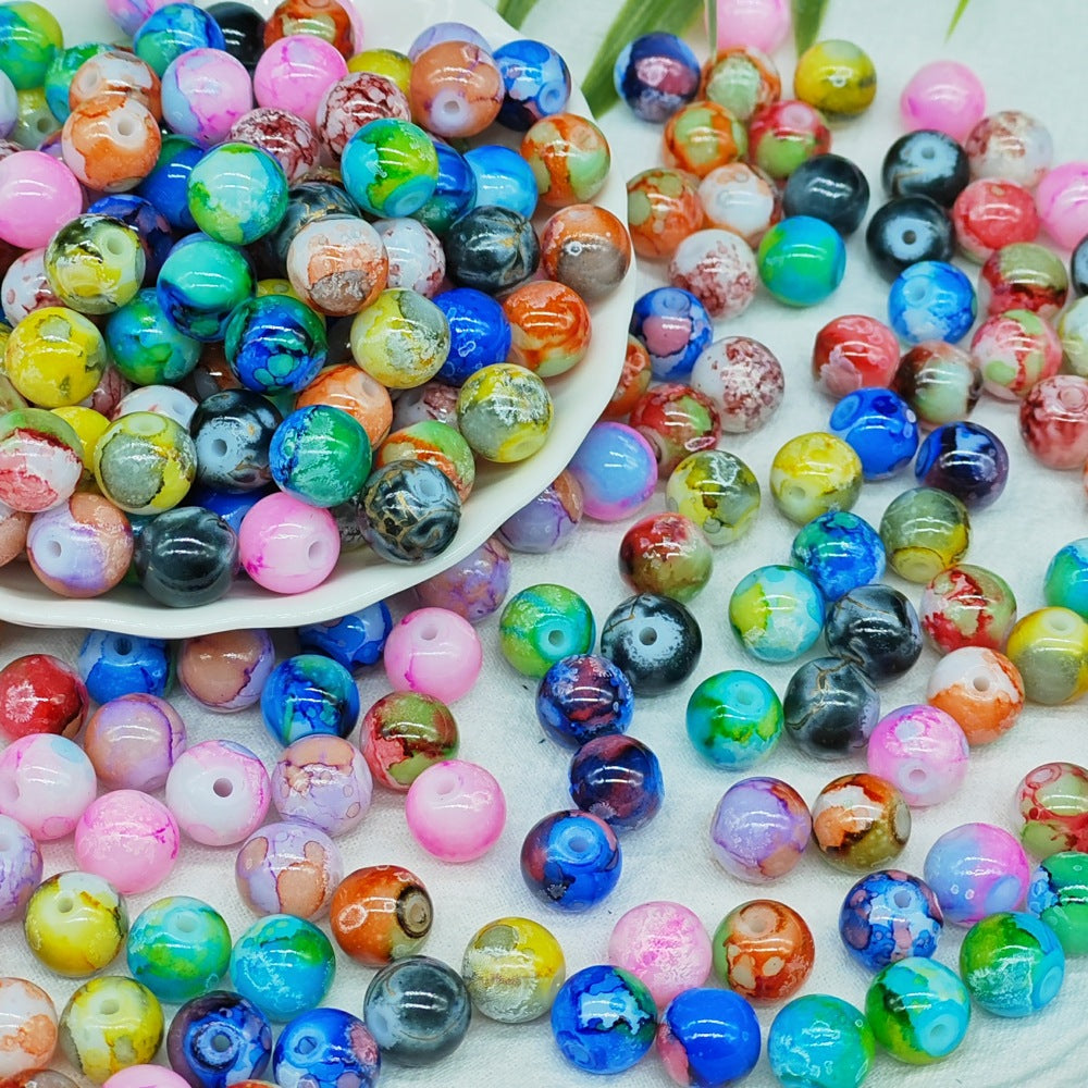Antique Imitation Ceramic Splash Ink Round Glass Beads 10mm 100pcs