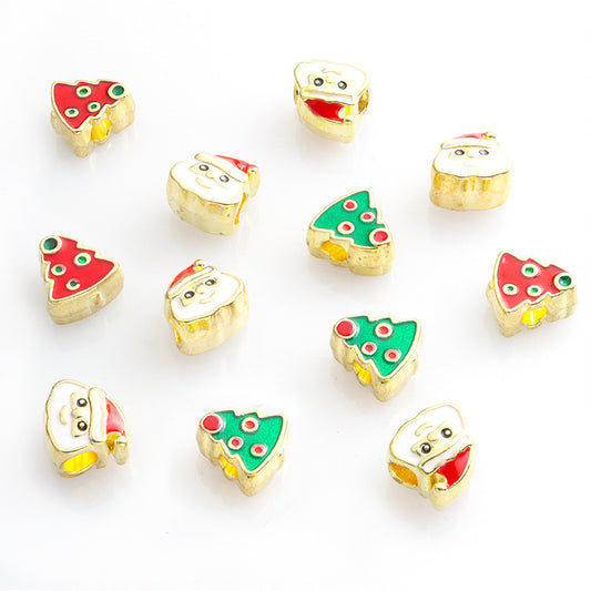 Santa Claus Christmas Tree Metal Beads 10mm Enamel Gold Tone 50pcs 2
