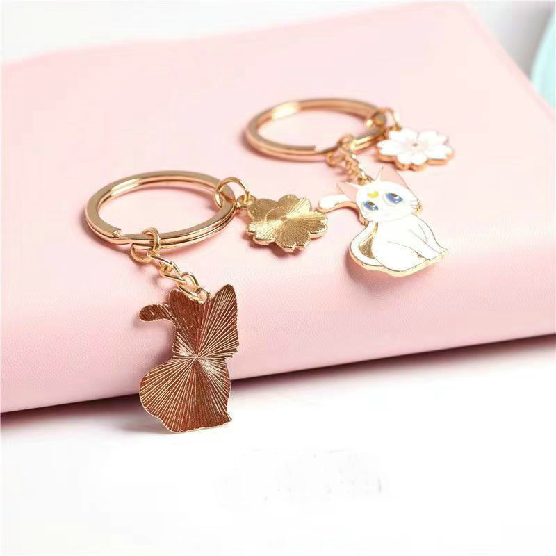 Alloy Cherry Blossom Cat Keychain Cute Enamel Feline Charm 3