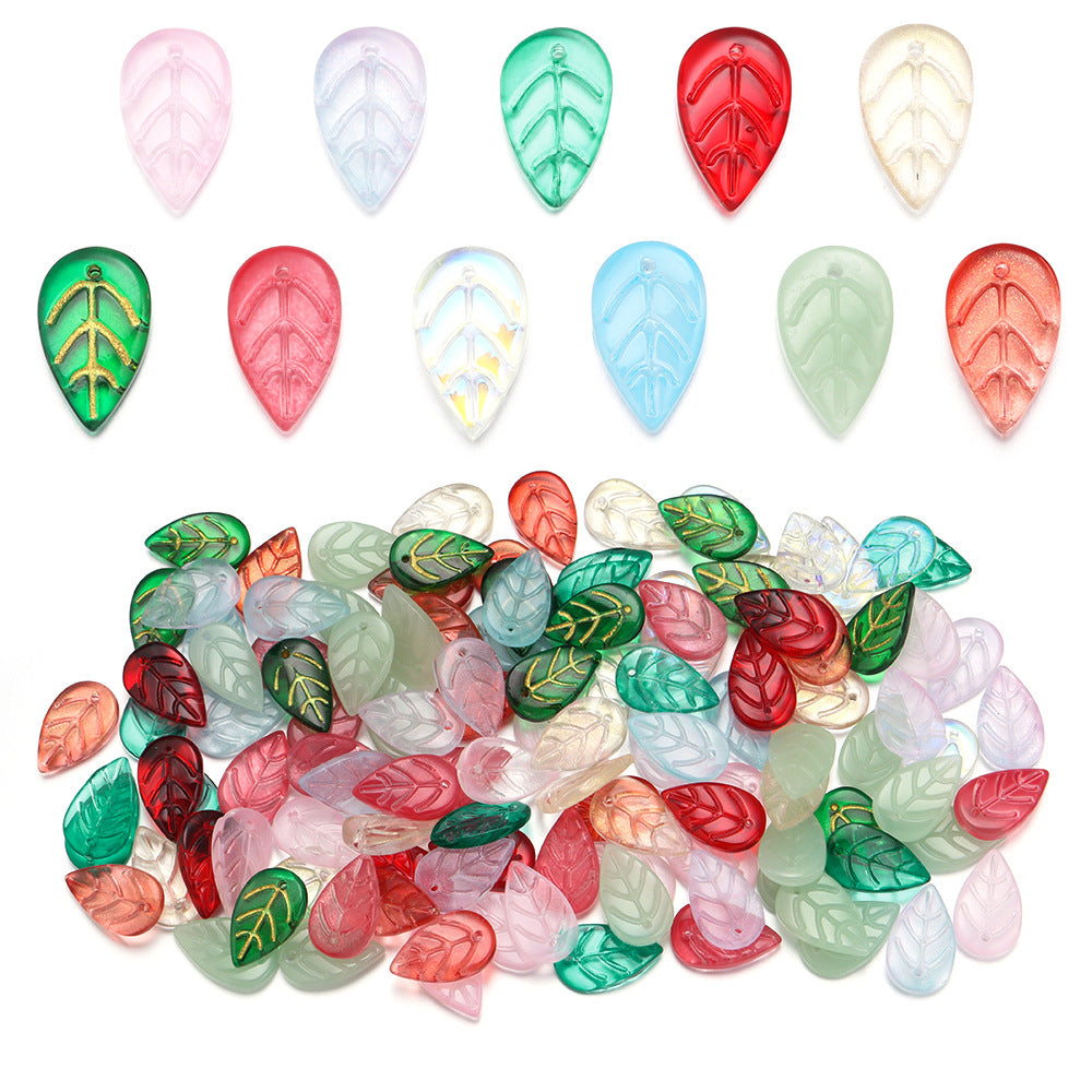 Czech Glass Beads Leaf 17mm Frosted Mixed Colors Gold Accents 30pcs