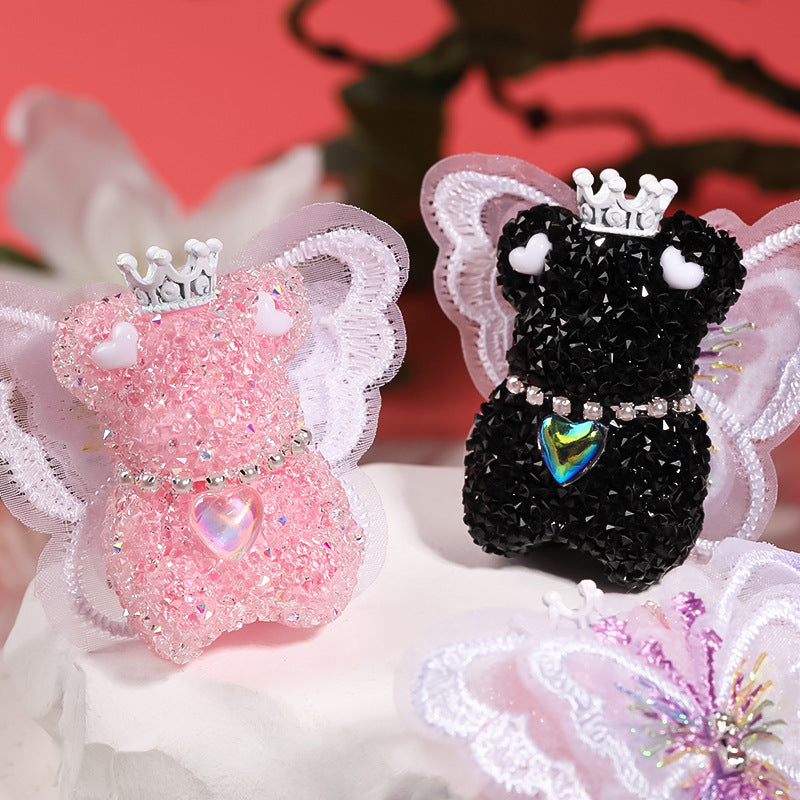 Winged Little Bear Rhinestone Beads 25x41mm Sparkling Lace Wings 5pcs 2