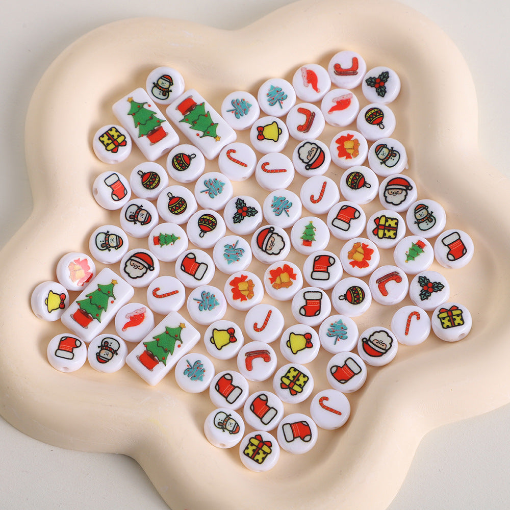 Christmas Theme Flat Acrylic Beads 5x10mm Santa Gift Printed 100pcs