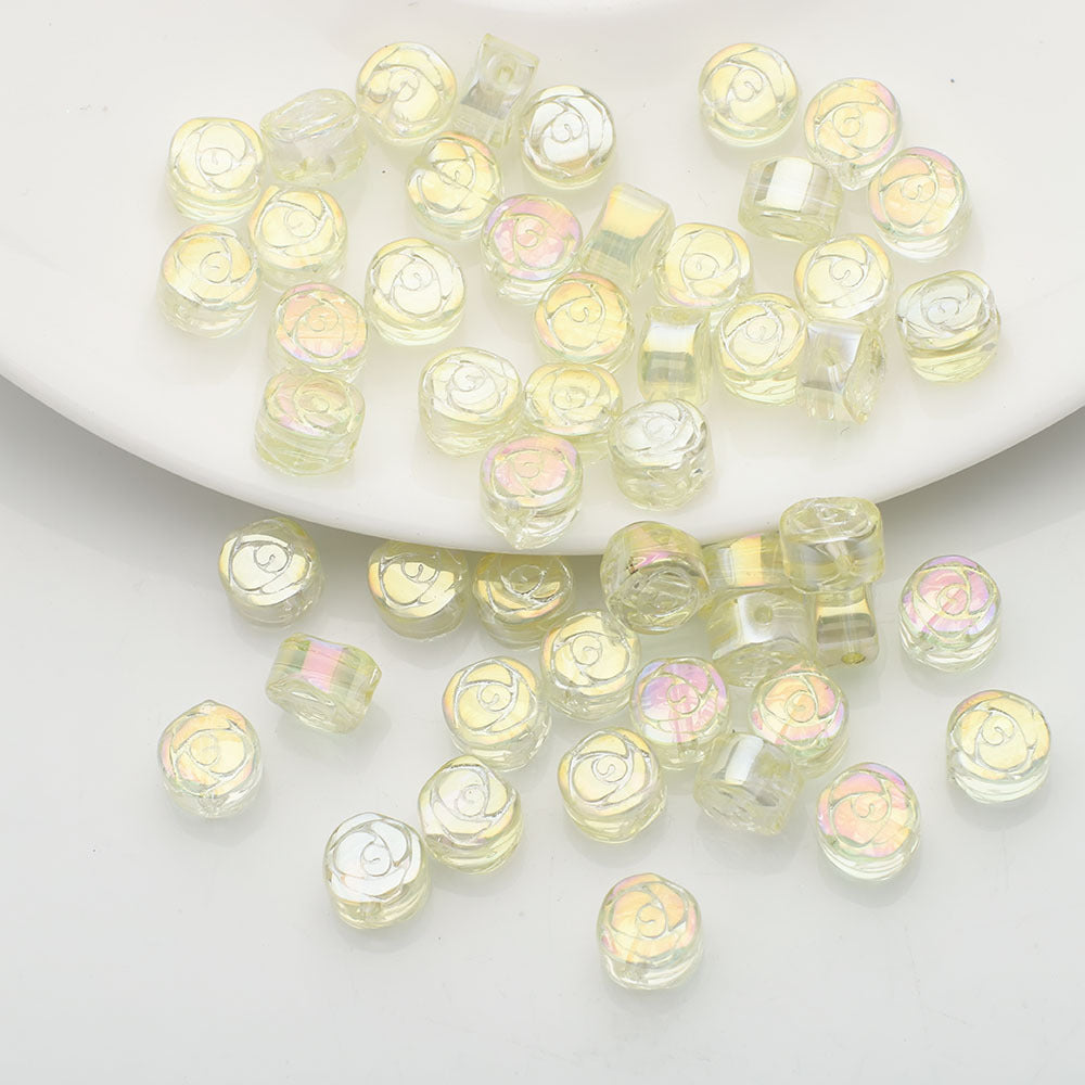 Flat Rose Glass Beads 6mm Iridescent Plating Floral Cube 50pcs 11