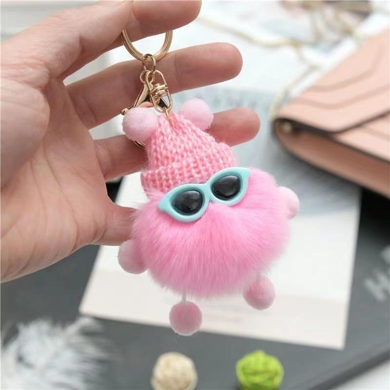 Fluffy Pom Pom Monster Doll Keychain with Sunglasses and Knitted Hat 10