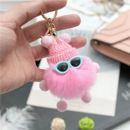 Fluffy Pom Pom Monster Doll Keychain with Sunglasses and Knitted Hat 10