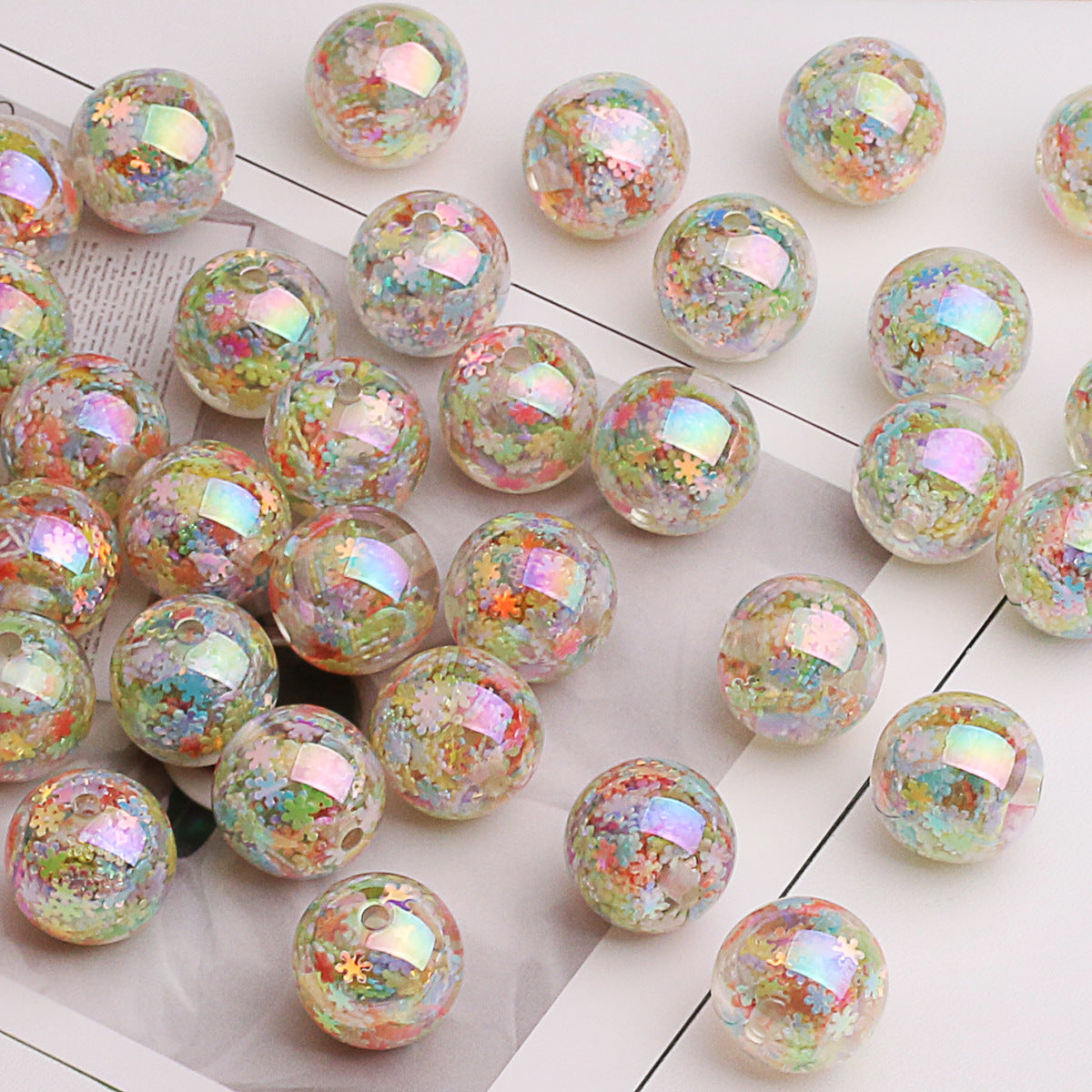 Iridescent Snowflake Resin Beads 16mm Round Translucent 20pcs